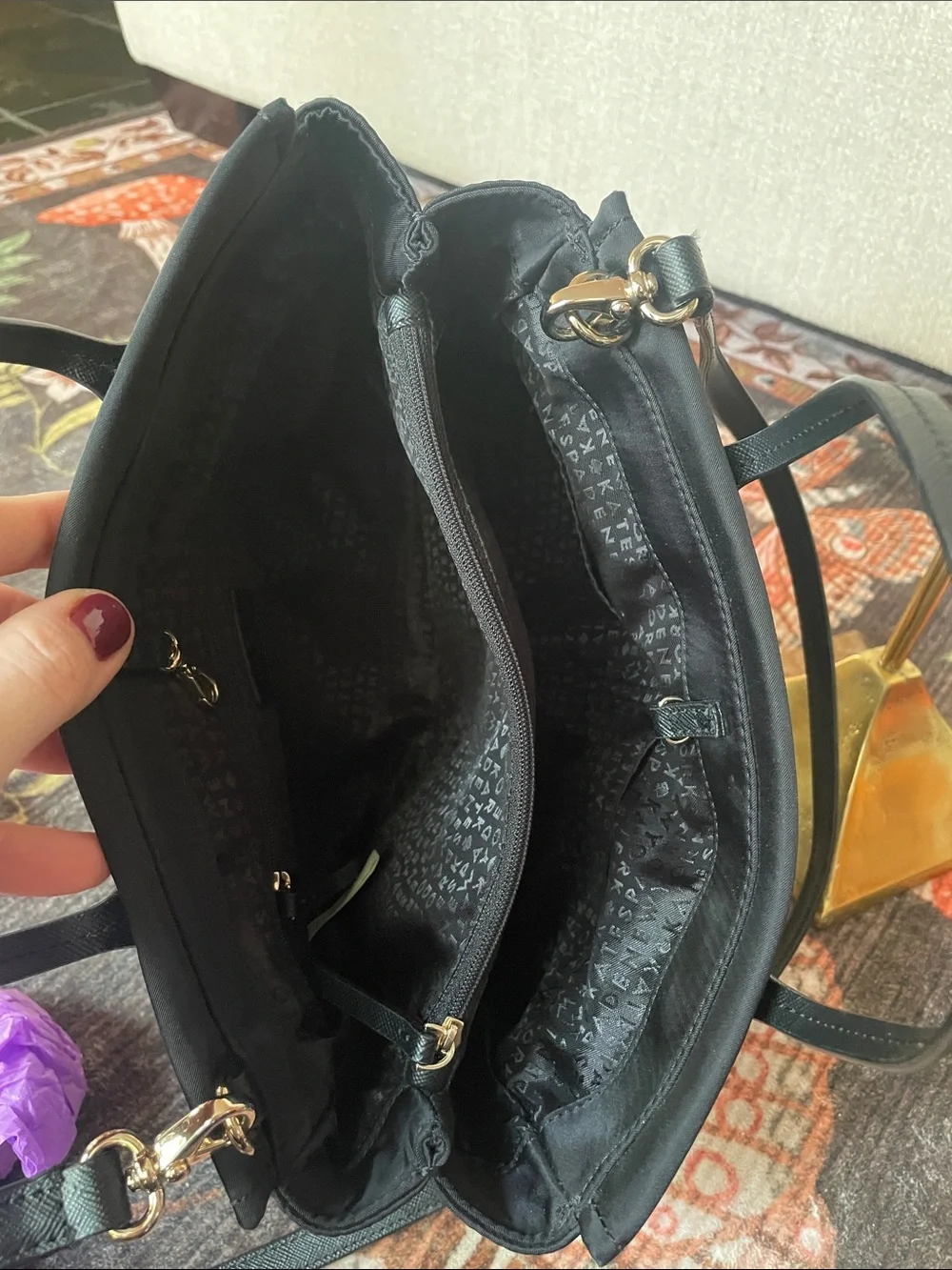 Kate Spade Black Nylon Satchel Bag with Gold Plaque Crossbody Strap EUC